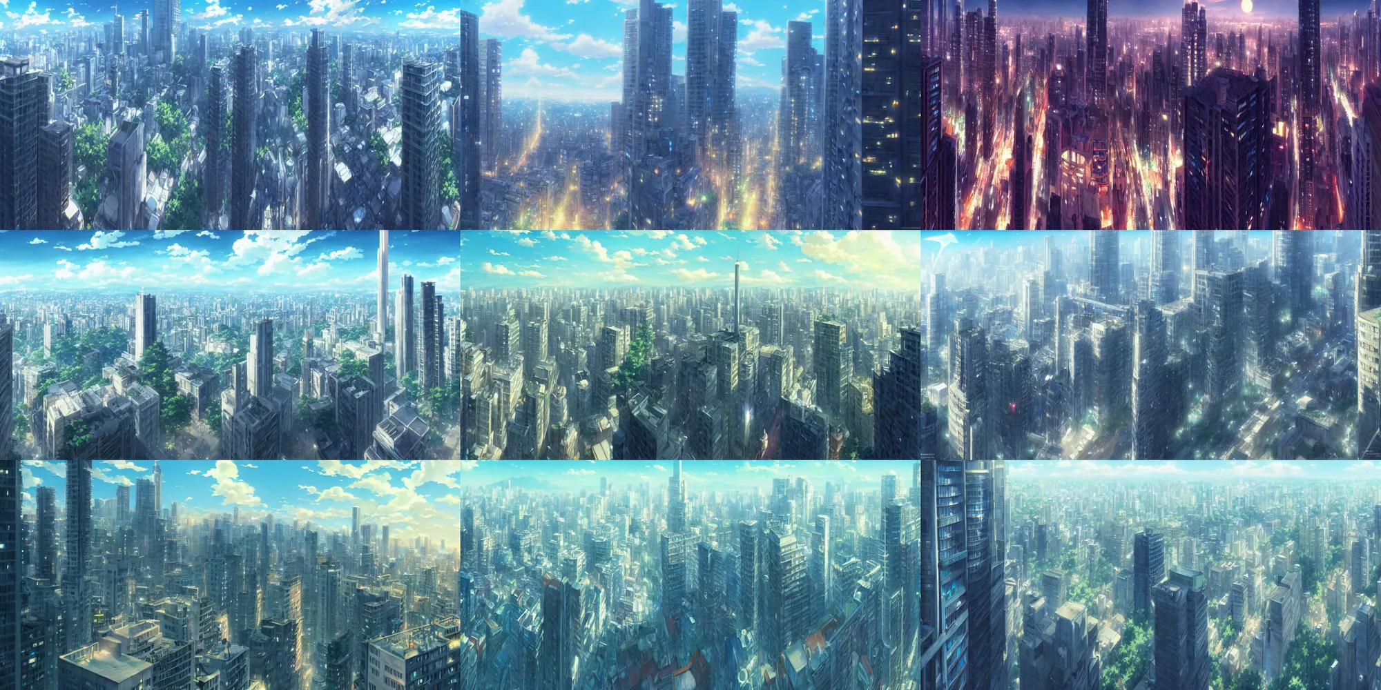 Prompt: a detailed matte painting from the makoto shinkai anime film kimi no ka wa, a city and highrise buildings, official art, cinematic view, HD wallpaper