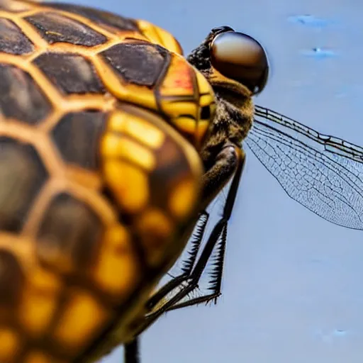 Prompt: photo of dragonfly on the head of a tortoise, 5 0 mm, beautiful photo