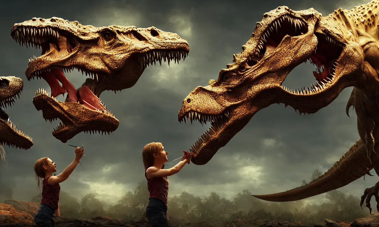 Image similar to cute girl feeding tyranosaur rex, dramatic pose, high details, raytracing, back light, raymarching, by ilm, by digital domain, by weta digital