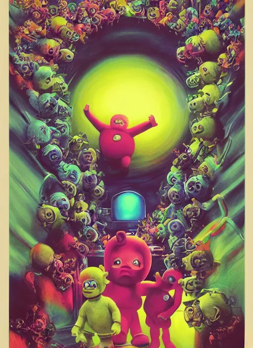 Image similar to disgusting teletubbies horror movie poster, grotesque, scary, high details, intricately detailed, by vincent di fate, artgerm julie bell beeple, inking, 1990s, vintage 90s print, screen print