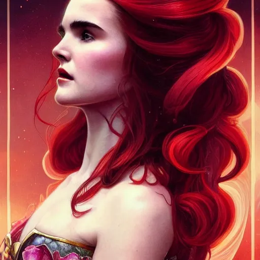 Prompt: beautiful Zoey Deutch as The Red Queen, Blodreina, sci-fi, closeup, D&D, fantasy, intricate, elegant, highly detailed, digital painting, artstation, concept art, matte, sharp focus, illustration, art by Artgerm and Greg Rutkowski and Alphonse Mucha