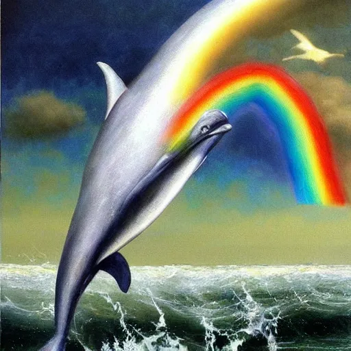 Image similar to a hyper realistic painting of the grim reaper on the back of a dolphin that is jumping over a rainbow, by james c christensen,