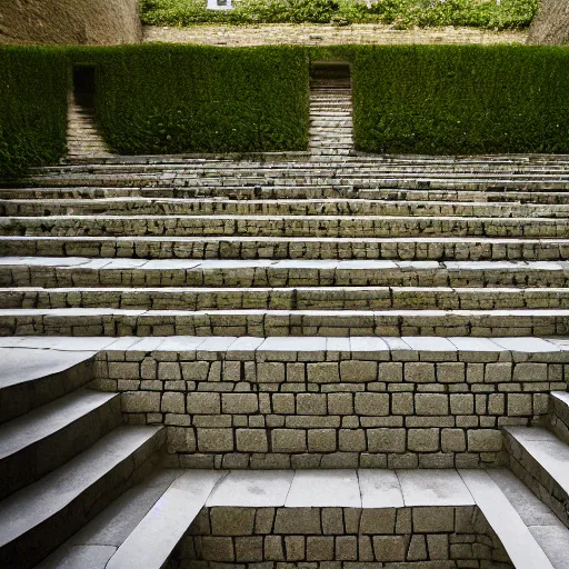 Image similar to courtyard complex of a labyrinthine monastary made of iteratively stacked stones, fusion of carlo scarpa and louis kahn, ivy growing on the bricks, people walking around and sitting on steps, architectural photography