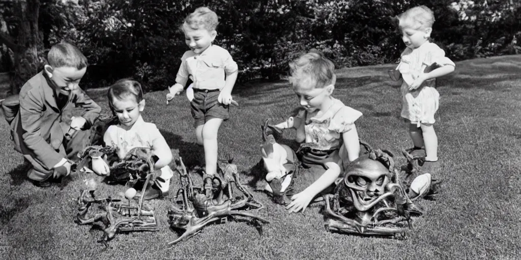 Image similar to kids playing with alien toy in their front yard, 1 9 5 0 s picture