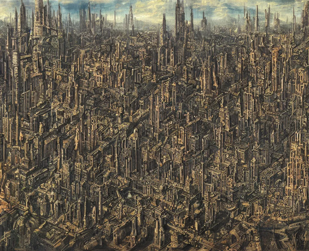 Image similar to a megalopolis in the style of Dystopian gothic surrealism painting