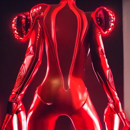 Image similar to love, diverse red cybersuits, from behind, connection rituals, wide wide angle, vivid, elaborate, highly detailed, beautiful lighting