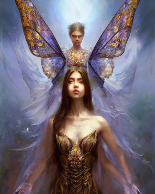 Prompt: Full view realistic ethereal Humanoid Maiden with symmetrical moth wings in a beautiful dress, oil on linen masterpiece by Craig Mullins Artgerm in the style of Ruan Jia, ornate Iconography background, tarot card, wlop, Ross Tran, detailed and realistic, soft lighting, intricate details, realistic, full view, Artstation, CGsociety