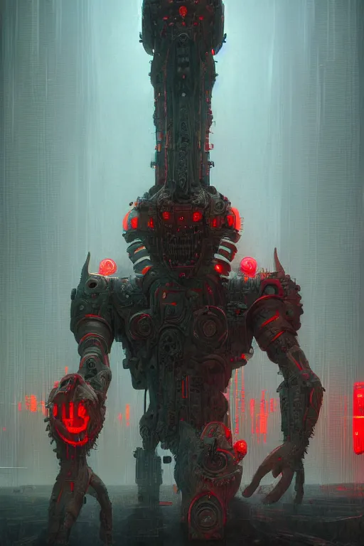 Prompt: Techno-God is an ancient mechanical gray giant chaotic horned humanoid, digital art, 8k, hyperrealism, high detail, ray tracing, concept art, octane render, Paul Lehr style