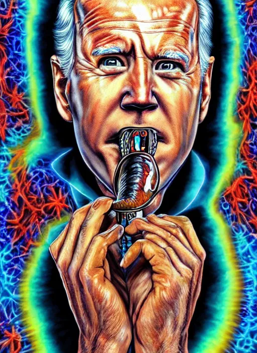 Prompt: a symmetrical photorealistic hyper detailed psychedelic portrait of Joe Biden smoking DMT out of a meth pipe in the style of alex grey