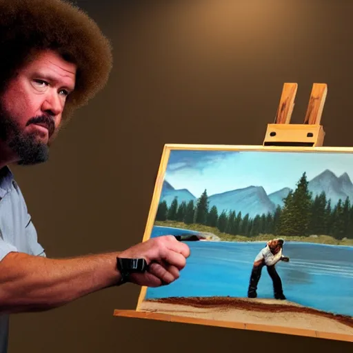 Image similar to a closeup photorealistic photograph of bob ross working on an image of kenny powers autographing a baseball on a canvas. mountains and trees. film still. brightly lit scene. this 4 k hd image is trending on artstation, featured on behance, well - rendered, extra crisp, features intricate detail, epic composition and the style of unreal engine.