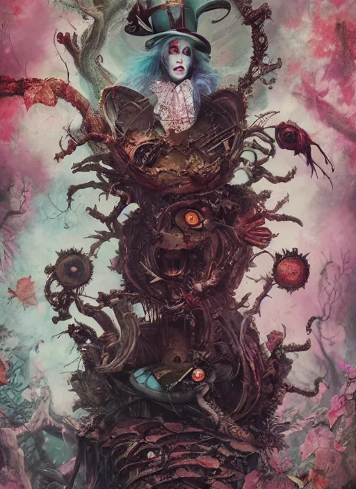 Image similar to Alice in Wonderland Mad Hatter Death Tarot card,highly detailed,cinematic,8k,by Stanley Artgermm,Tom Bagshaw,Greg Rutkowski,Carne Griffiths, Ayami Kojima, Beksinski, Giger,trending on DeviantArt,hyper detailed,horror, full of colour