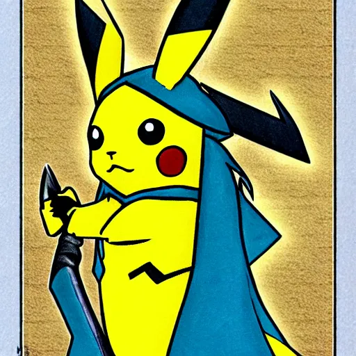 Prompt: Pikachu cosplaying Sephiroth with his long sword and a meaning face, coloured manga style