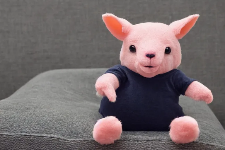 Prompt: a high quality 3 5 mm photo of a pink chubby stuffed animal kangaroo with dark blue shirt sitting on a couch, an ultrafine detailed photo, trending on artstation, sharp focus, baby toy