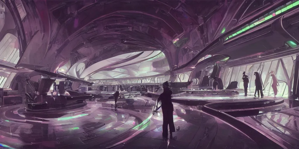 Prompt: a futuristic museum interior in gothic style with holograms all over, syd mead cinematic painting, 4 k