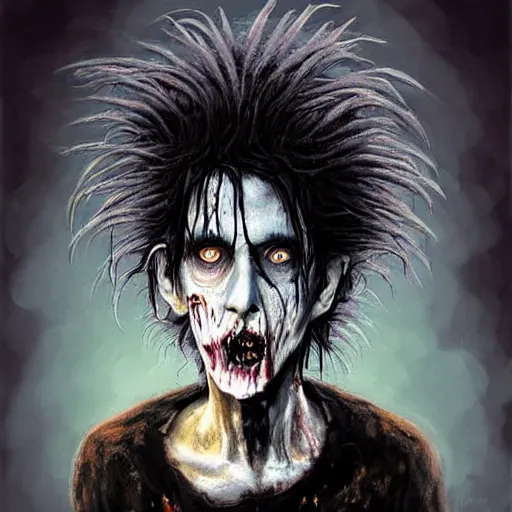 Image similar to young and skinny robert smith as a zombie feeling shy with fluffy big hair, 7 days to die zombie, fine art, award winning, intricate, soft light from the side, elegant, sharp focus, cinematic lighting, highly detailed, digital painting, 8 k concept art, art by z. w. gu, art by brom, art by michael hussar, masterpiece, 8 k