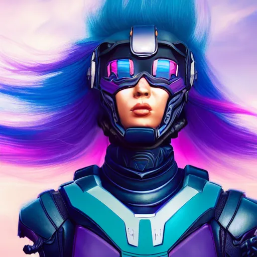 Image similar to a stunning upper body portrait of a beautiful young woman wearing futuristic navy blue and teal battle bodyarmor and pauldrons and ombre purple and pink hairstyle with hair blowing in the wind, by marvel comics, outrun, vaporware, highly detailed, fine detail, intricate, digital art, trending on artstation