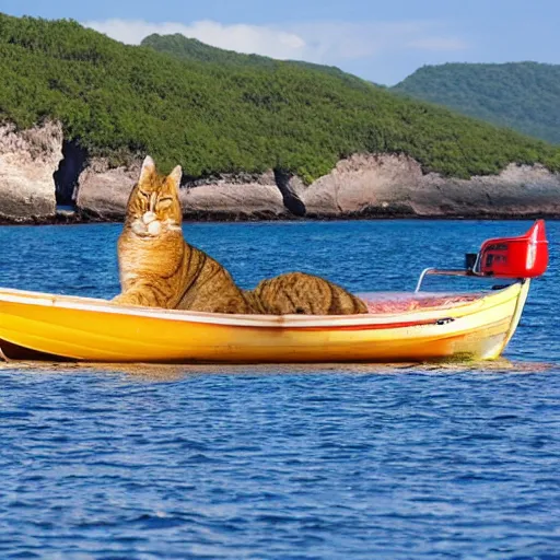 Image similar to A large cat on a small boat, funny, large island in the background, high quality,