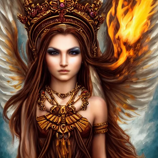 Prompt: perfectly centered close up portrait, goddess of fire, candid photography, by anne stokes, highly detailed, character concept