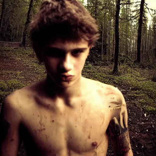 Prompt: detailed photo of a teenage boy, around 1 9 yo. looking sad. shirtless, tattoo. muddy face. ominous and eerie looking forest i'm background.