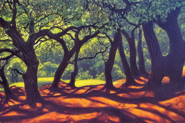 Image similar to masterpiece painting of oak trees on a hillside overlooking a creek, dramatic lighting, by kelly freas