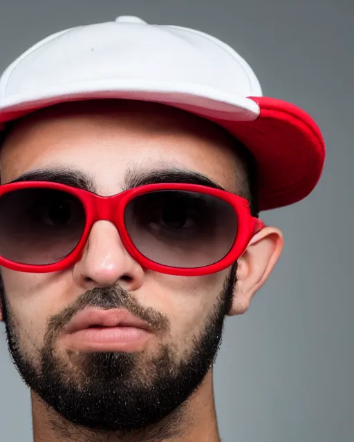 Prompt: headshot of a young ducktail bearded middle eastern american male with wayfarer glasses and red baseball hat - raw, studio lighting, 8 k, photo shoot, 9 inch kershaw soft focus lens f / 5. 6