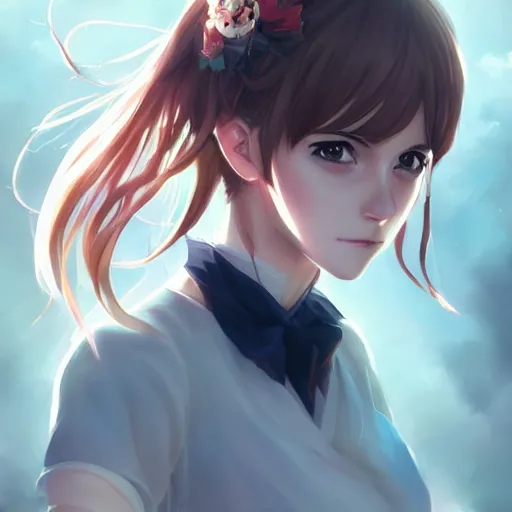 Image similar to anime portrait of emma watson as an anime girl by Stanley Artgerm Lau, WLOP, Rossdraws, James Jean, Andrei Riabovitchev, Marc Simonetti, and Sakimichan, trending on artstation