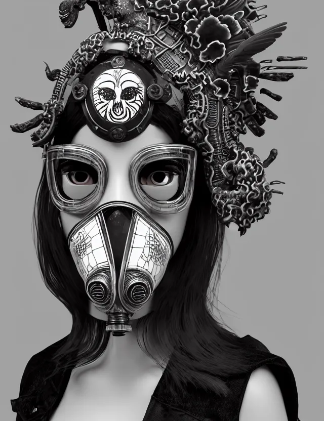 Image similar to 3 d goddess close - up profile punk portrait with vintage gas mask ram skull. beautiful intricately detailed japanese crow kitsune mask and clasical japanese kimono. betta fish, jellyfish phoenix, bio luminescent, plasma, ice, water, wind, creature, artwork by tooth wu and wlop and beeple and greg rutkowski