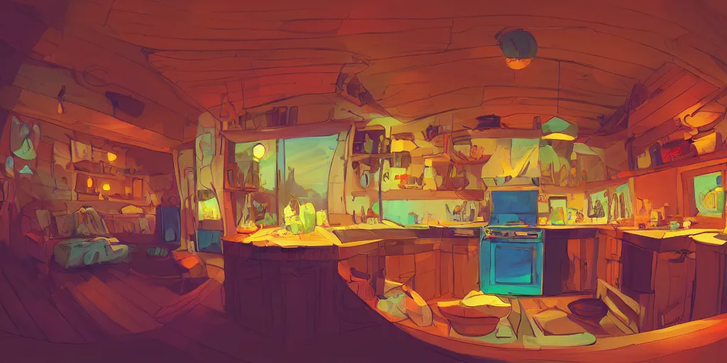 Prompt: epic illustration fisheye lens of a wooden kitchen dim lit by 1 candle in a scenic environment by Anton Fadeev and Steve Purcel and Peter Chan