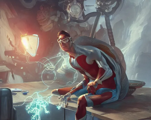 Image similar to an insanely detailed painting of a nerdy asian man wearing a superhero costume, sitting at a desk, staring at the nervously at the computer and typing, in the style of peter mohrbacher, dramatic lighting and composition, octane render, pixar, trending on artstation, concept art, comic book, view from behind