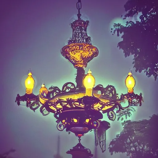 Image similar to floating antique intricate chandeliers art deco floating above graveyard at night, spooky, haunting, trending on artstation