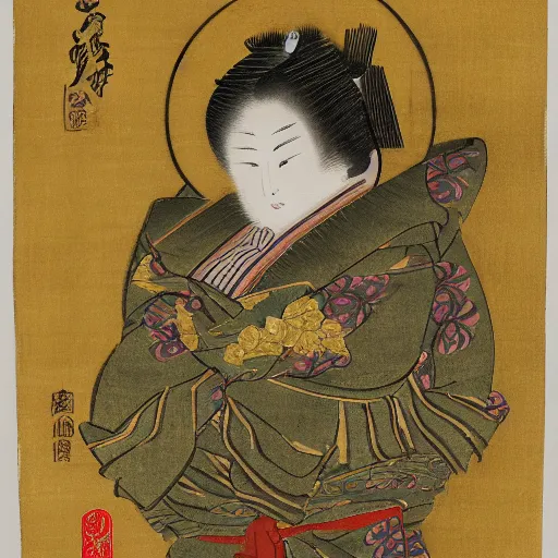 Prompt: a golden baby seal deity, radiating golden light, wearing royal kimono, Japanese ink drawing from 1850