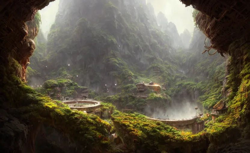 Image similar to worm's eye view of cylindrical living quarters carved inside a mountain, above lush garden and hot spring, well maintained, well lived, fantasy genre, natural light, fantasy, natural light, sharp focus, concept art, by greg rutkowski and craig mullins, cozy atmospheric and cinematic lighting, trending on artstation