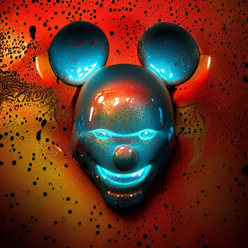 Image similar to counterfeit mickey mouse head, fractal, broken, psychedelic dystopia, wet, mycelium, radiant alien, rococo, baroque, automotive, bio-mechanical, porcelain, iridescent, sub surface scattering, octane render