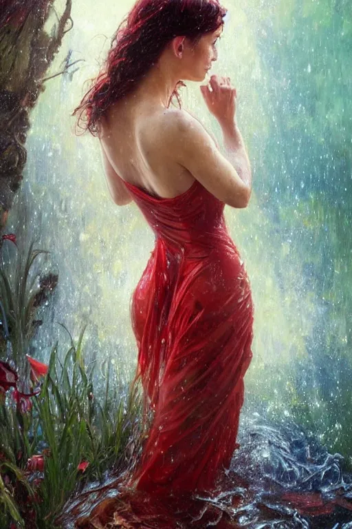 Image similar to portrait of a beautiful woman wearing a red dress, drenched body, wet dripping hair, emerging from the water, fantasy, regal, fractal crystal, fractal gems, by stanley artgerm lau, greg rutkowski, thomas kindkade, alphonse mucha, loish, norman rockwell ross tran