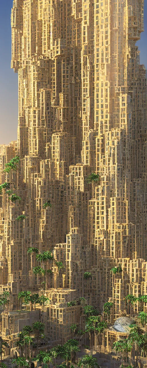 Prompt: photorealistic photo a contemporary babylon tower, golden intricate details, stone facade, sacred ancient architecture, cascading highrise, arid mountains with lush palm forest, sunlight, post - production, octane, cgi, sfx