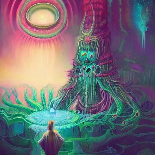 Image similar to sacred Ayahuasca, hermetic, occult, surreal, hidden knowledge by Paul Lehr, Karl Kopinski and Mandy Jurgens'