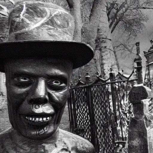 Image similar to cctv security cam grainy black and white footage of baron samedi in an spooky graveyard. baron samedi is looking at the camera.