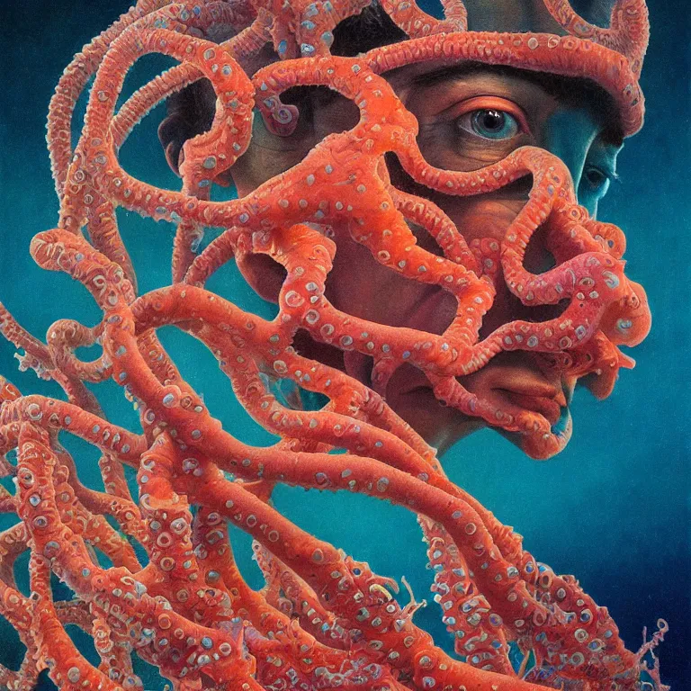 Prompt: Hyperrealistic intensely colored close up studio Photograph portrait of deep sea bioluminescent Senator Tom Cotton, symmetrical face realistic proportions eye contact tentacles, Weeping in a coral reef underwater, award-winning portrait oil painting by Norman Rockwell and Zdzisław Beksiński vivid colors high contrast hyperrealism 8k