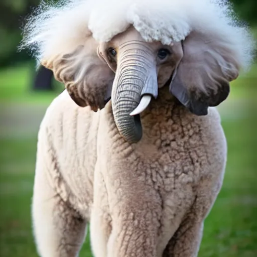 Image similar to cross between a poodle and an african elephant, standing on the affrican savanah, fluffy white curly fur, award winning photography