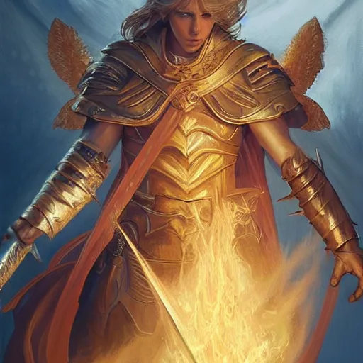 Image similar to portrait of an aasimar paladin blond young man with amber eyes wielding his flaming blade, he has angelical wings strong, sofisticated, fantasy, highly detailed, digital painting, artstation, concept art, character art, art by greg rutkowski and tyler jacobson and alphonse mucha