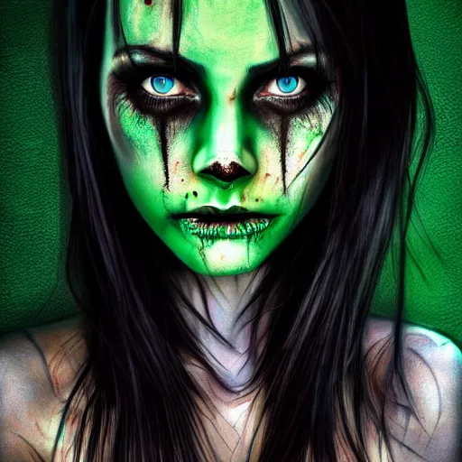 Image similar to photorealistic portrait of beautiful zombie girl, black hair, blue eyes, smooth face, perfect eyes, half body shot, elegant, realistic, glowing skin, detailed face, green colours, sharp focus