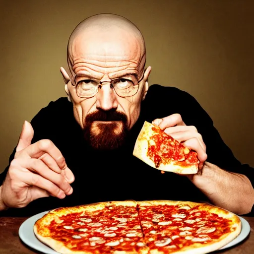 Prompt: walter white eating pizza, photography,