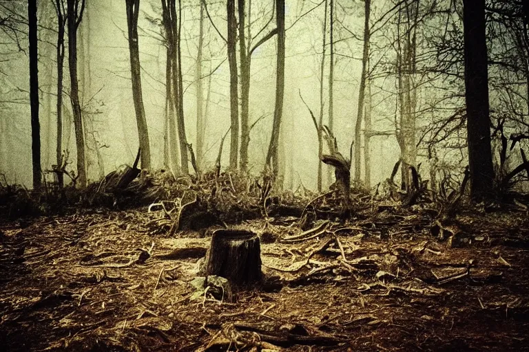 Image similar to terrible dark forest in the depths of which there is a thick butcher in a dirty shirt, chopping meat on a wooden stump, filmed hidden on a phone camera, Cinematic, wildlife photography, 35mm, photo on iphone