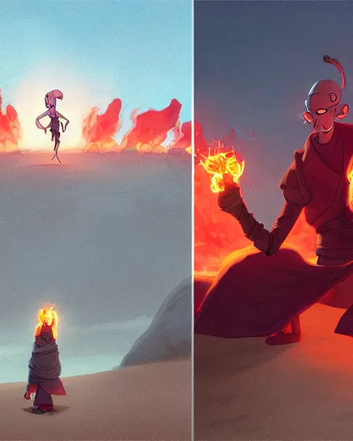 Image similar to squidward with [ four legs ] wearing fire nation clothing and practicing firebending outside at susnset, [ greg rutkowski ]