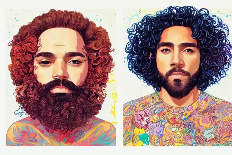 Prompt: hispanic girl medium length curly hair, and a bearded mixed race man with short curly hair, tristan eaton, victo ngai, artgerm, rhads, ross draws