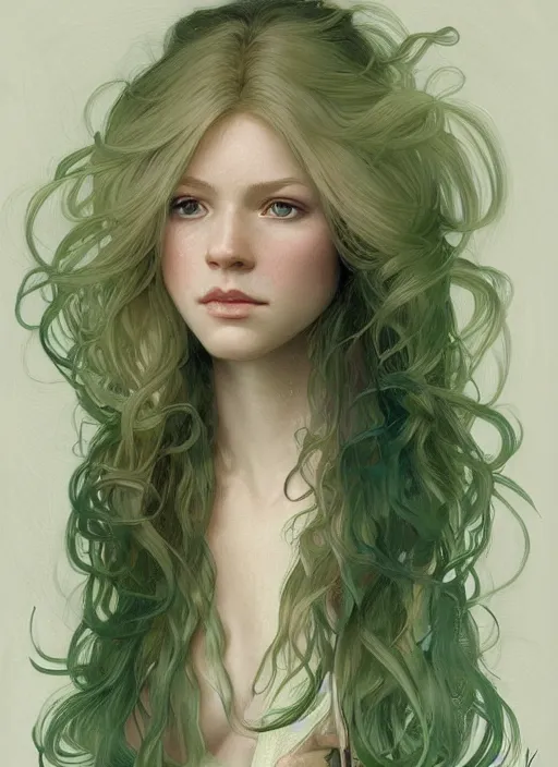 Image similar to a young april with a mischievous face and extremely long blonde wavy hair dressed in a green pale mechanic suit, she is a jedi, intricate detailed face, artgerm, greg rutkowski, alphonse mucha