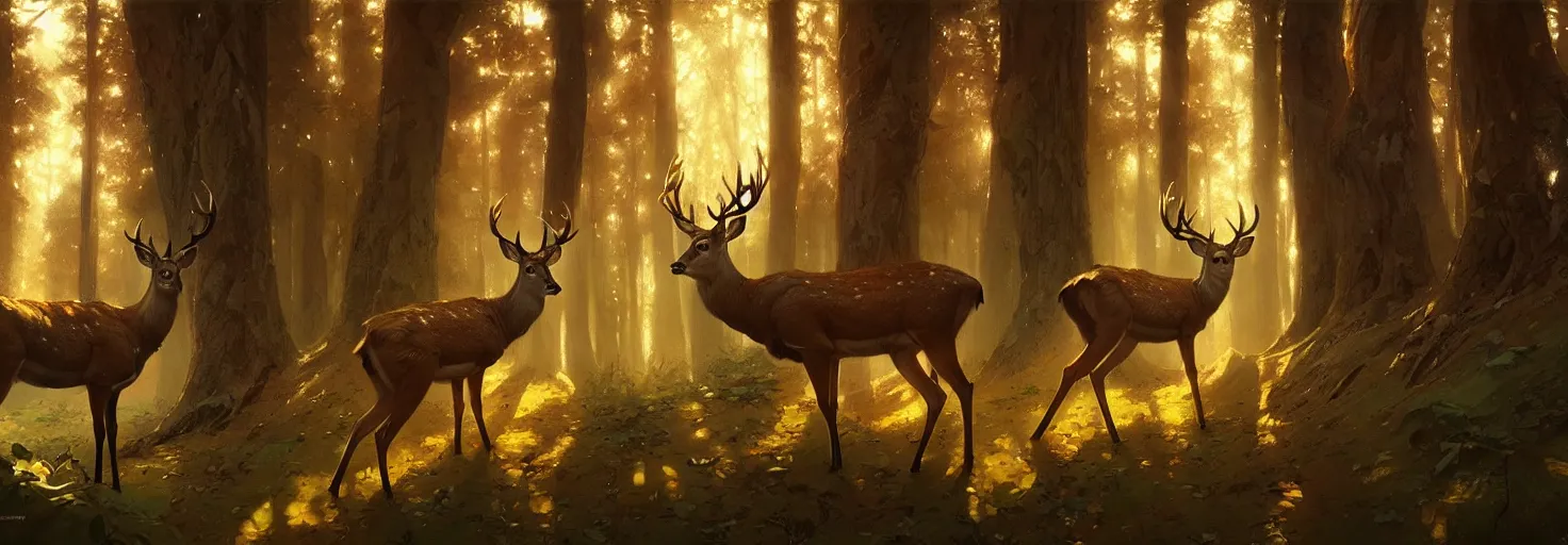 Image similar to Deer in Sherwood Forest, full frame, highly detailed, digital painting, artstation, concept art, smooth, sharp focus, illustration, art greg rutkowski and alphonse mucha