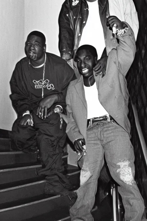 Image similar to Snapshot of smiling Tupac and Biggie on the staircase to Heaven