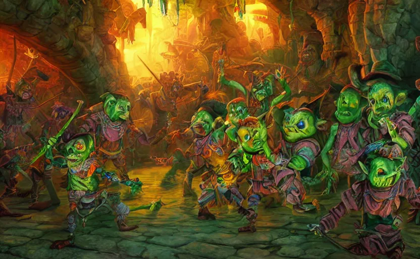 Prompt: goblins dancing in a colorful dungeon, high detail, cover art, epic composition, no text, 4K Ultra HD