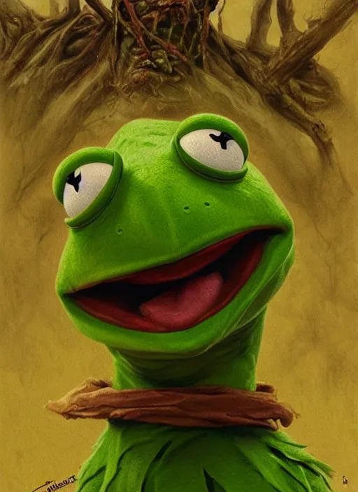 Prompt: portrait of Kermit the frog in Evil Dead (2013), highly detailed, centered, solid color background, digital painting, artstation, concept art, smooth, sharp focus, illustration, artgerm, donato giancola, Joseph Christian Leyendecker, Les Edwards, Ed Repka, WLOP